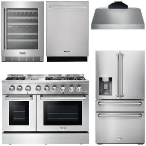 THOR Kitchen Package - 48" Dual Fuel Range, Range Hood, Refrigerator with Water and Ice Dispenser, Dishwasher, Wine Cooler, AP-HRD4803U-11