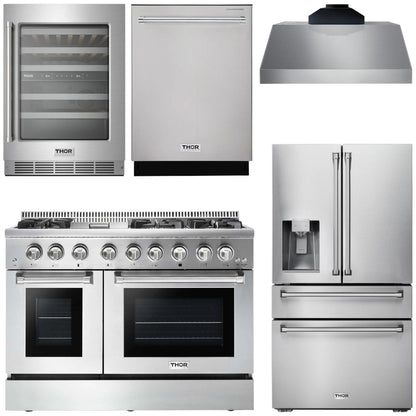 THOR Kitchen Package - 48" Dual Fuel Range, Range Hood, Refrigerator with Water and Ice Dispenser, Dishwasher, Wine Cooler, AP-HRD4803U-11