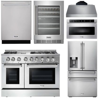THOR Kitchen Package - 48" Dual Fuel Range, Range Hood, Refrigerator with Water and Ice Dispenser, Dishwasher, Microwave, Wine Cooler, AP-HRD4803U-14