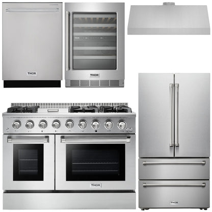 THOR Kitchen Package - 48 inch Dual Fuel Range, Range Hood, Refrigerator, Dishwasher, Wine Cooler, AP-HRD4803U-4