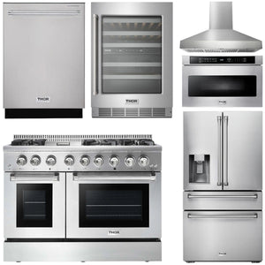 THOR Kitchen Package - 48" Dual Fuel Range, Range Hood, Refrigerator, Dishwasher, Microwave, Wine Cooler