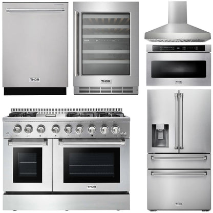 THOR Kitchen Package - 48" Dual Fuel Range, Range Hood, Refrigerator, Dishwasher, Microwave, Wine Cooler