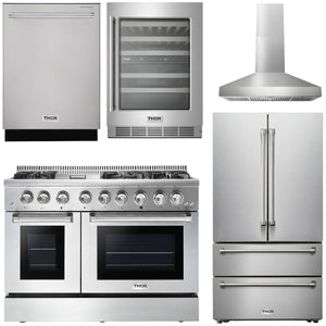 THOR Kitchen Package - 48 Inch Dual Fuel Range, Range Hood, Refrigerator, Dishwasher, Wine Cooler, AP-HRD4803U-W-3