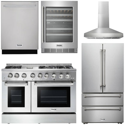 THOR Kitchen Package - 48 Inch Dual Fuel Range, Range Hood, Refrigerator, Dishwasher, Wine Cooler, AP-HRD4803U-W-3