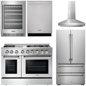 THOR Kitchen Package - 48" Dual Fuel Range, Range Hood, Refrigerator with Water and Ice Dispenser, Dishwasher, Wine Cooler, AP-HRD4803U-W-8
