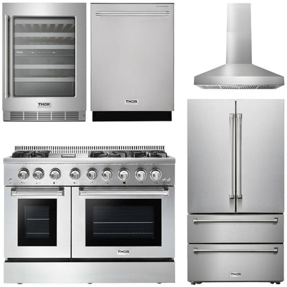 THOR Kitchen Package - 48" Dual Fuel Range, Range Hood, Refrigerator with Water and Ice Dispenser, Dishwasher, Wine Cooler, AP-HRD4803U-W-8