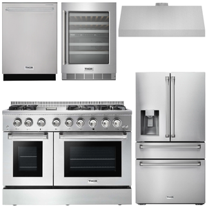 THOR Kitchen Package - 48" Propane Dual Fuel Range, Range Hood, Refrigerator, Dishwasher, Wine Cooler