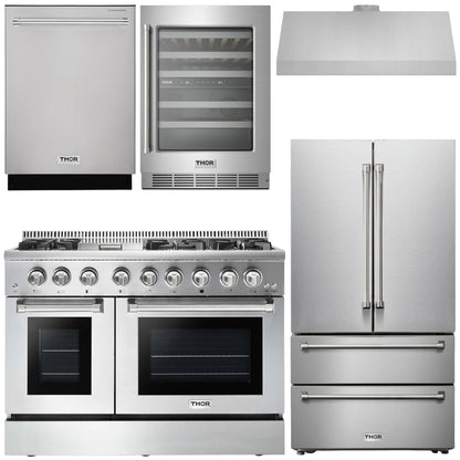 THOR Kitchen Package - 48 inch Dual Fuel Range, Range Hood, Refrigerator, Dishwasher, Wine Cooler, AP-HRD4803ULP-4