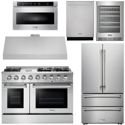 THOR Kitchen Package - 48" Propane Dual Fuel Range, Range Hood, Refrigerator, Dishwasher, Microwave, Wine Cooler