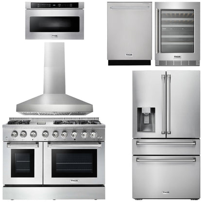 THOR Kitchen Package - 48" Dual Fuel Range, Range Hood, Refrigerator with Water & Ice Dispenser, Dishwasher, Microwave, Wine Cooler
