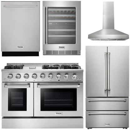 THOR Kitchen Package - 48" Dual Fuel Range, Range Hood, Refrigerator, Dishwasher, Wine Cooler, AP-HRD4803ULP-W-3