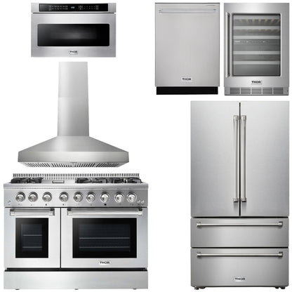 THOR Kitchen Package - 48" Dual Fuel Range, Range Hood, Refrigerator, Dishwasher, Microwave, Wine Cooler, AP-HRD4803ULP-W-6