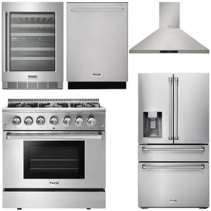 THOR Kitchen Package - 36" Gas Range, Range Hood, Refrigerator with Water and Ice Dispenser, Dishwasher, Wine Cooler, AP-HRG3618U-11