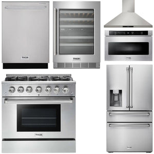 THOR Kitchen Package - 36" Gas Range, Range Hood, Microwave, Refrigerator with Water and Ice Dispenser, Dishwasher, Wine Cooler, AP-HRG3618U-14