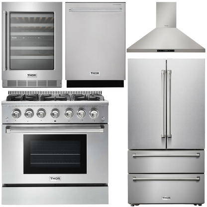 THOR Kitchen Package - 36" Gas Range, Range Hood, Refrigerator, Dishwasher & Wine Cooler, AP-HRG3618U-4