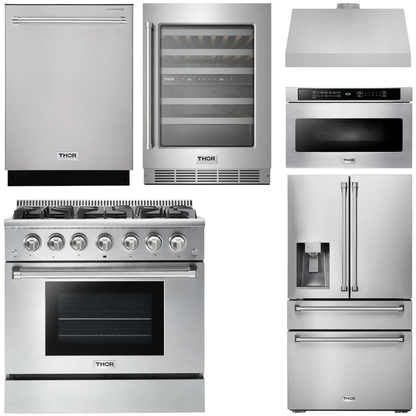 THOR Kitchen Package - 36" Gas Range, Range Hood, Microwave, Refrigerator with Water and Ice Dispenser, Dishwasher, Wine Cooler, AP-HRG3618U-C-10