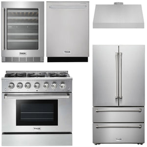 THOR Kitchen Package - 36" Gas Range, Range Hood, Refrigerator, Dishwasher, Wine Cooler, AP-HRG3618U-C-3
