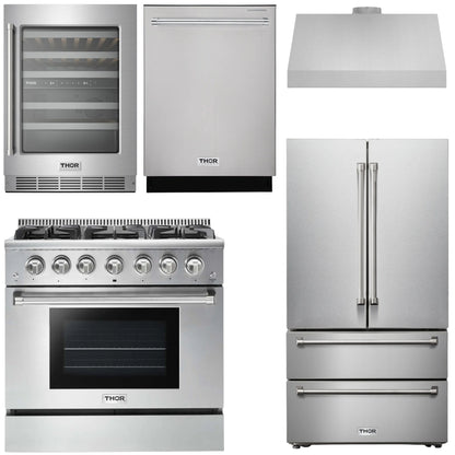 THOR Kitchen Package - 36" Gas Range, Range Hood, Refrigerator, Dishwasher, Wine Cooler, AP-HRG3618U-C-3