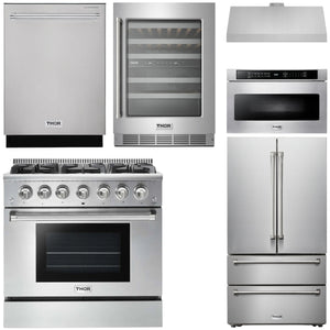 THOR Kitchen Package - 36" Gas Range, Range Hood, Microwave, Refrigerator, Dishwasher, Wine Cooler, AP-HRG3618U-C-6