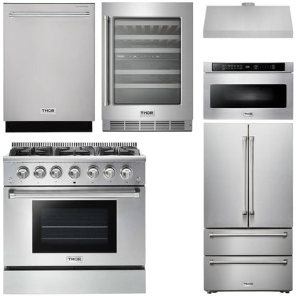 THOR Kitchen Package - 36" Gas Range, Range Hood, Microwave, Refrigerator, Dishwasher, Wine Cooler, AP-HRG3618U-C-6