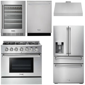 THOR Kitchen Package - 36" Gas Range, Range Hood, Refrigerator with Water and Ice Dispenser, Dishwasher, Wine Cooler, AP-HRG3618U-C-8