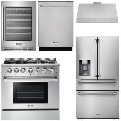 THOR Kitchen Package - 36" Gas Range, Range Hood, Refrigerator with Water and Ice Dispenser, Dishwasher, Wine Cooler, AP-HRG3618U-C-8