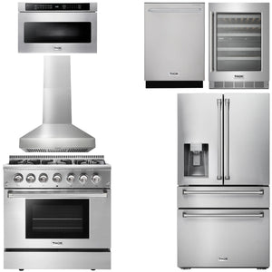 THOR Kitchen Package - 36" Gas Range, Range Hood, Microwave, Refrigerator with Water and Ice Dispenser, Dishwasher, Wine Cooler, AP-HRG3618U-W-10