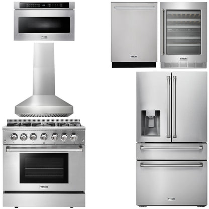 THOR Kitchen Package - 36" Gas Range, Range Hood, Microwave, Refrigerator with Water and Ice Dispenser, Dishwasher, Wine Cooler, AP-HRG3618U-W-10