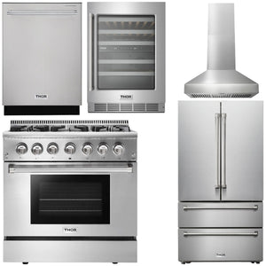 THOR Kitchen Package - 36" Gas Range, Range Hood, Refrigerator, Dishwasher, Wine Cooler, AP-HRG3618U-W-3