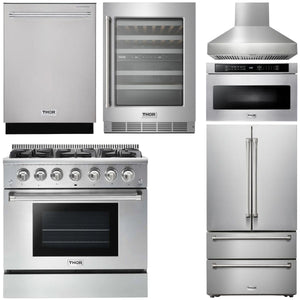THOR Kitchen Package - 36" Gas Range, Range Hood, Microwave, Refrigerator, Dishwasher, Wine Cooler, AP-HRG3618U-W-6