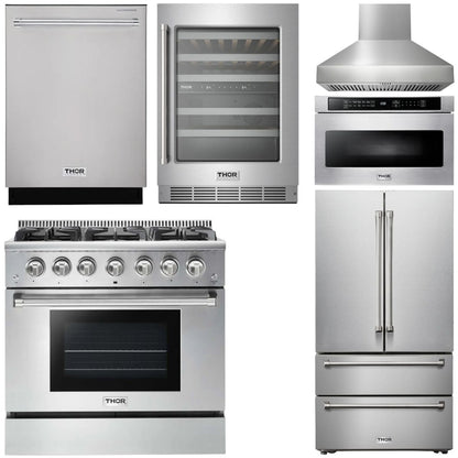 THOR Kitchen Package - 36" Gas Range, Range Hood, Microwave, Refrigerator, Dishwasher, Wine Cooler, AP-HRG3618U-W-6