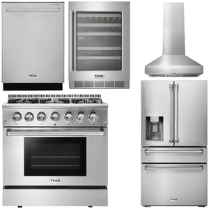 THOR Kitchen Package - 36" Gas Range, Range Hood, Refrigerator with Water and Ice Dispenser, Dishwasher, Wine Cooler, AP-HRG3618U-W-8