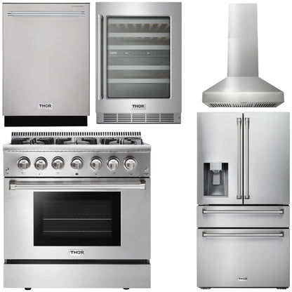 THOR Kitchen Package - 36" Gas Range, Range Hood, Refrigerator with Water and Ice Dispenser, Dishwasher, Wine Cooler, AP-HRG3618U-W-8