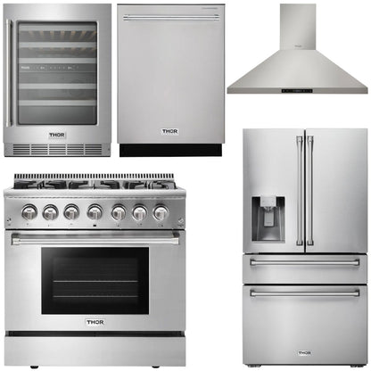 THOR Kitchen Package - 36" Propane Gas Range, Range Hood, Refrigerator with Water and Ice Dispenser, Dishwasher, Wine Cooler, AP-HRG3618ULP-11