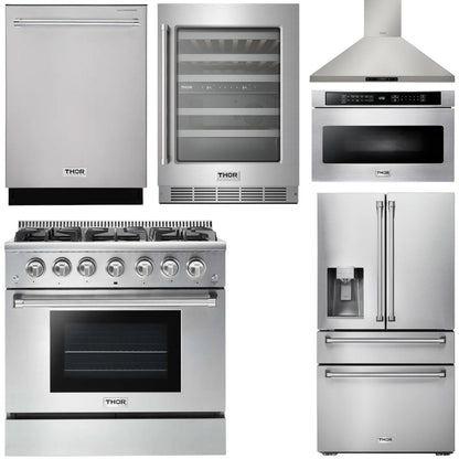 THOR Package - 36" Propane Gas Range, Range Hood, Microwave, Refrigerator with Water and Ice Dispenser, Dishwasher, Wine Cooler