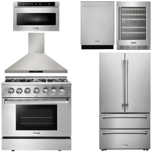 THOR Kitchen Package - 36" Propane Gas Range, Range Hood, Microwave, Refrigerator, Dishwasher, Wine Cooler, AP-HRG3618ULP-8