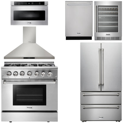 THOR Kitchen Package - 36" Propane Gas Range, Range Hood, Microwave, Refrigerator, Dishwasher, Wine Cooler, AP-HRG3618ULP-8