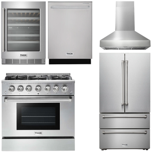 THOR Kitchen Package - 36" Propane Gas Range, Range Hood, Refrigerator, Dishwasher, Wine Cooler, AP-HRG3618ULP-C-3