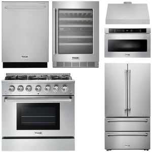 THOR Kitchen Package - 36" Propane Gas Range, Range Hood, Microwave, Refrigerator, Dishwasher, Wine Cooler, AP-HRG3618ULP-C-6