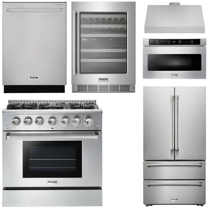 THOR Kitchen Package - 36" Propane Gas Range, Range Hood, Microwave, Refrigerator, Dishwasher, Wine Cooler, AP-HRG3618ULP-C-6