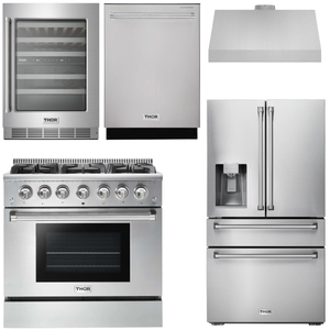 THOR Kitchen Package - 36" Propane Gas Range, Range Hood, Refrigerator with Water and Ice Dispenser, Dishwasher, Wine Cooler, AP-HRG3618ULP-C-8