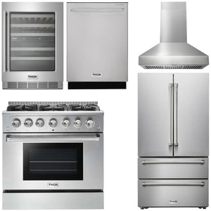 THOR Kitchen Package - 36" Propane Gas Range, Range Hood, Refrigerator, Dishwasher, Wine Cooler, AP-HRG3618ULP-W-3