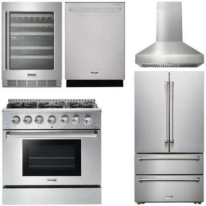 THOR Kitchen Package - 36" Propane Gas Range, Range Hood, Refrigerator, Dishwasher, Wine Cooler, AP-HRG3618ULP-W-3