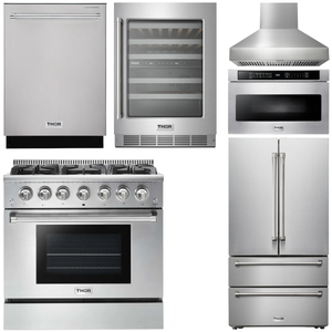 THOR Kitchen Package - 36" Propane Gas Range, Range Hood, Microwave, Refrigerator, Dishwasher, Wine Cooler, AP-HRG3618ULP-W-6