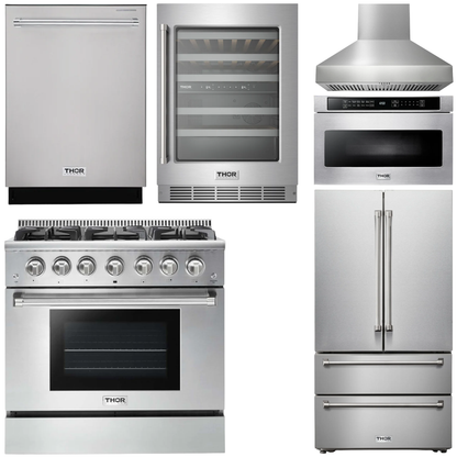 THOR Kitchen Package - 36" Propane Gas Range, Range Hood, Microwave, Refrigerator, Dishwasher, Wine Cooler, AP-HRG3618ULP-W-6