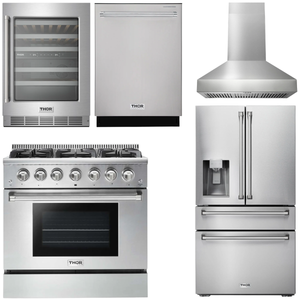 THOR Kitchen Package - 36" Propane Gas Range, Range Hood, Refrigerator with Water and Ice Dispenser, Dishwasher, Wine Cooler, AP-HRG3618ULP-W-8