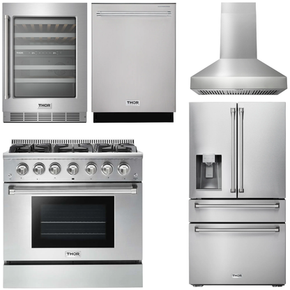 THOR Kitchen Package - 36" Propane Gas Range, Range Hood, Refrigerator with Water and Ice Dispenser, Dishwasher, Wine Cooler, AP-HRG3618ULP-W-8