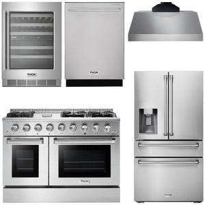 THOR Kitchen Package - 48" Gas Range, Range Hood, Refrigerator with Water and Ice Dispenser, Dishwasher, Wine Cooler, AP-HRG4808U-11