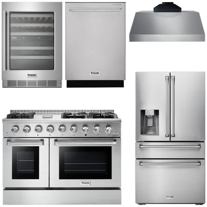THOR Kitchen Package - 48" Gas Range, Range Hood, Refrigerator with Water and Ice Dispenser, Dishwasher, Wine Cooler, AP-HRG4808U-11