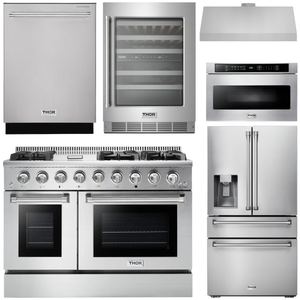 THOR Kitchen Package - 48" Gas Range, Range Hood, Refrigerator with Water and Ice Dispenser, Dishwasher, Microwave, Wine Cooler, AP-HRG4808U-14